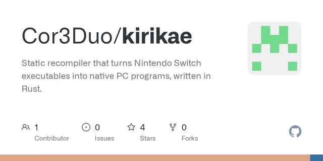 Kirikae: a static recompiler that turns Nintendo Switch executables into native Windows programs, written in Rust with Cranelift