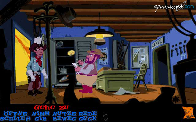 A character dialogue scene inside a building