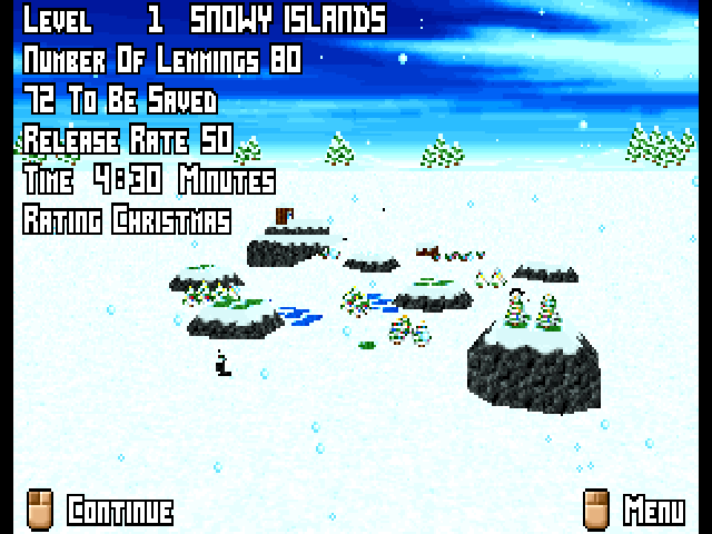 Lemmings navigating a snowy 3D level