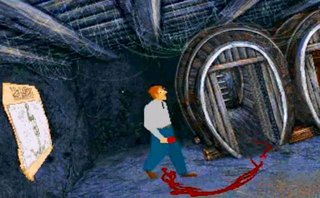 Carnby facing off against an undead shooter inside a building