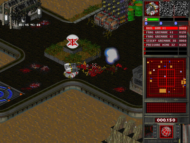 Isometric mech shooting through an enemy base grid