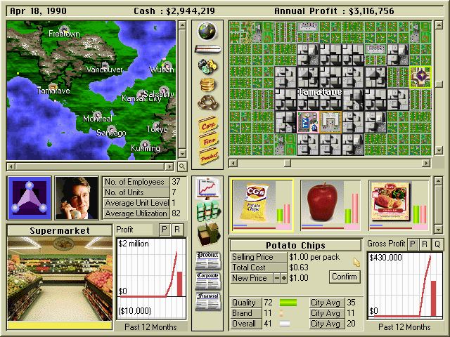 Capitalism Plus city layout and retail store setup screen
