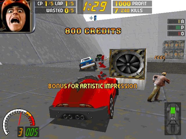 Carmageddon gameplay showing vehicle damage and pedestrians