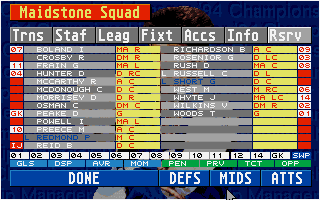 Championship Manager 93/94 tactical squad screen