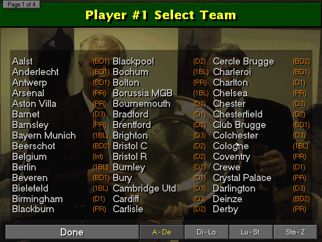 Championship Manager 97/98 main menu and club selection