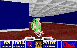 Chex Quest 2 gameplay showing first-person action against green Flemoids