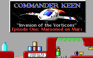 Commander Keen using his pogo stick to clear a gap