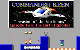 Commander Keen using his pogo stick near hazards