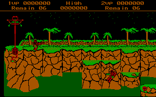 A commando fighting through a pseudo-3D interior base room