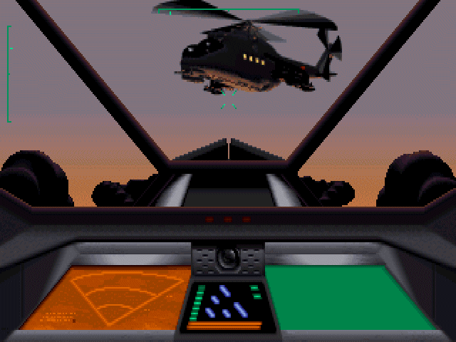 A first-person rail-shooting view targeting enemy craft