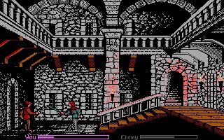 A side-scrolling sword fight inside an enemy castle