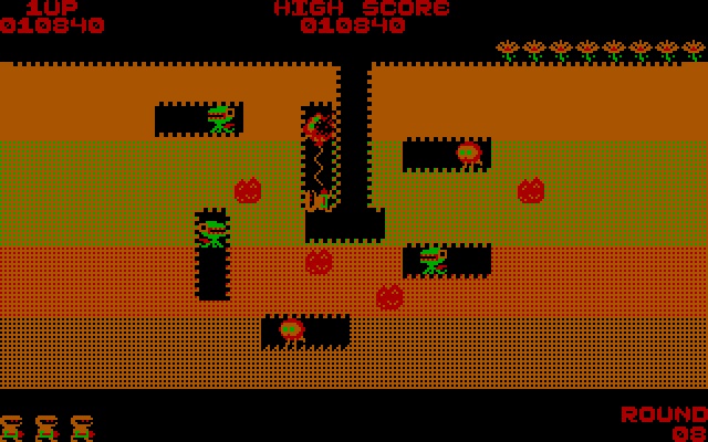 Dig Dug player character inflating a Pooka enemy underground