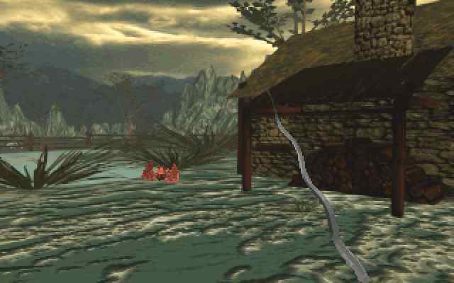 First-person perspective of a path through pre-rendered fantasy terrain