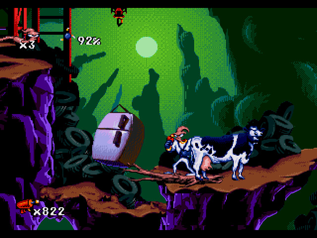 Earthworm Jim riding a pocket rocket across a scrolling background