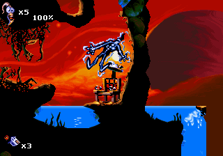 Jim firing his weapon at incoming enemies in a bizarre visual environment