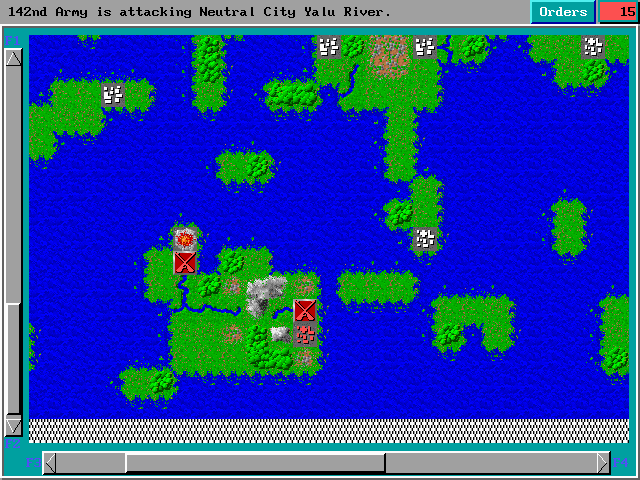 Empire Deluxe game map showing top-down strategy unit icons and city management grid
