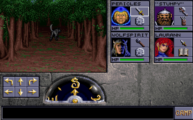 Party view facing a temple entrance in Eye of the Beholder II