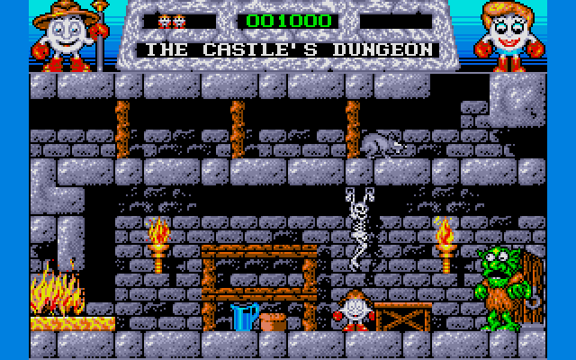 Dizzy standing in the dungeon surrounded by platforms and items
