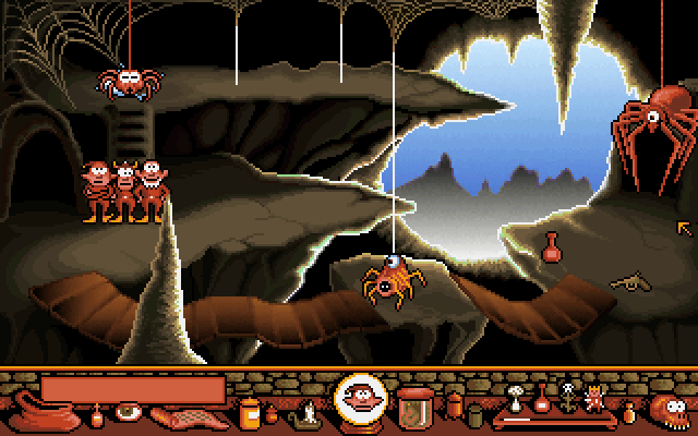 A goblin interacting with a bizarre tree structure in a surreal fantasy stage