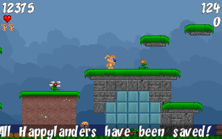 HappyLand Adventures gameplay screenshot showing a character leading creatures