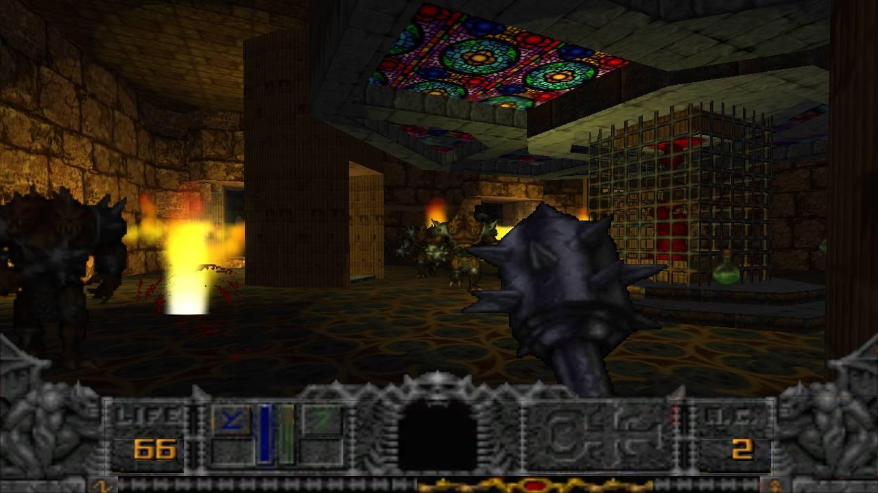 A class fighting enemies in a dark stone corridor