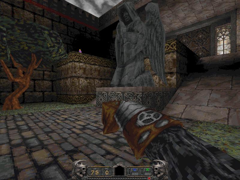 Combat inside medieval stone corridors in Hexen II
