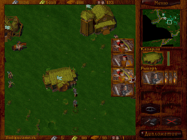 Settlement screen showing base construction and surrounding forest in Horde: The Northern Wind