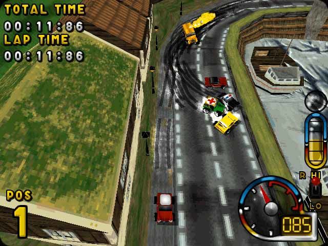 Miniature cars racing on an overhead circuit