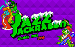 Jazz Jackrabbit surrounded by seasonal items and enemies in a candy-themed level
