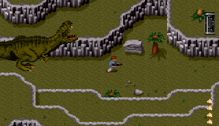 Top-down overhead view of Dr. Alan Grant navigating Isla Nublar