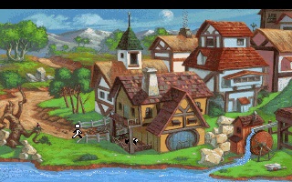 King Graham standing in a lush village screen with the icon bar at the top