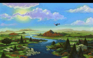 King Graham confronting a monster in a rocky mountain pass