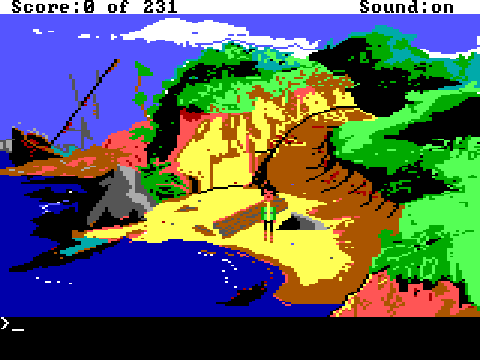 Prince Alexander standing on a 16-color pixelated beach