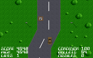 Top-down view of a Lada driving down a road flanked by trees and water.