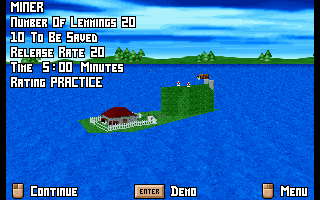 A high camera view of a 3D blocky level with lemmings marching
