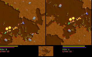 Two worms battling in a subterranean dirt cavern filled with explosions