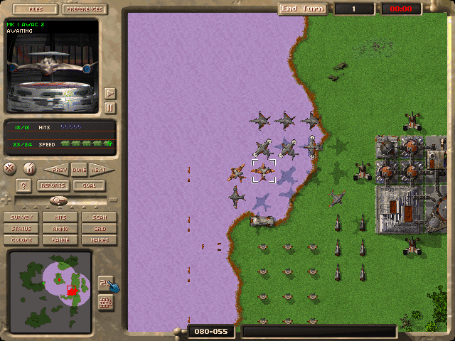 Top-down tactical map in M.A.X. showing base construction and units