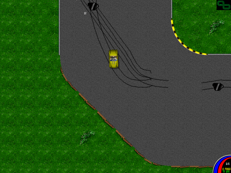 Top-down racing action in Maximum Overdrive with multiple cars packed tightly together on a paved track.
