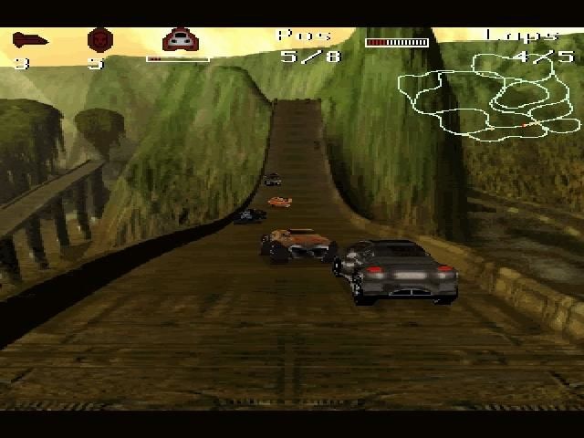 Combat racing action with weapon fire hitting an opponent car from behind