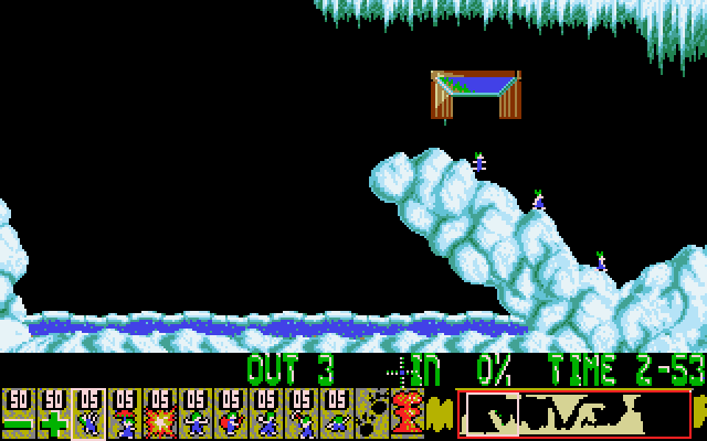 A crowded Lemmings level in Oh No! More Lemmings