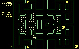 PC-Man navigating the rotated CGA maze while avoiding Micro Monsters