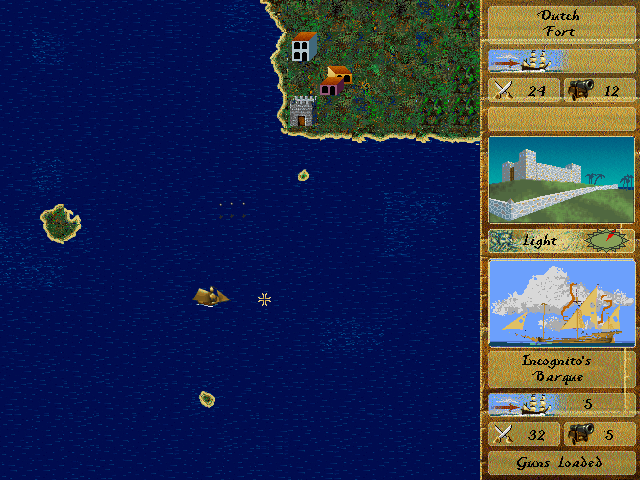 A ship sailing across the top-down ocean map in Pirates Gold