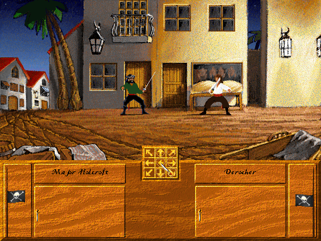 Side view sword duel between two captains on a ship deck
