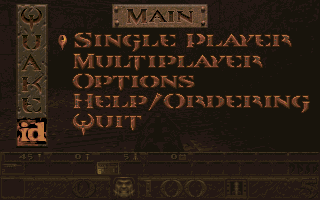 A dark gothic hallway in Quake filled with monsters