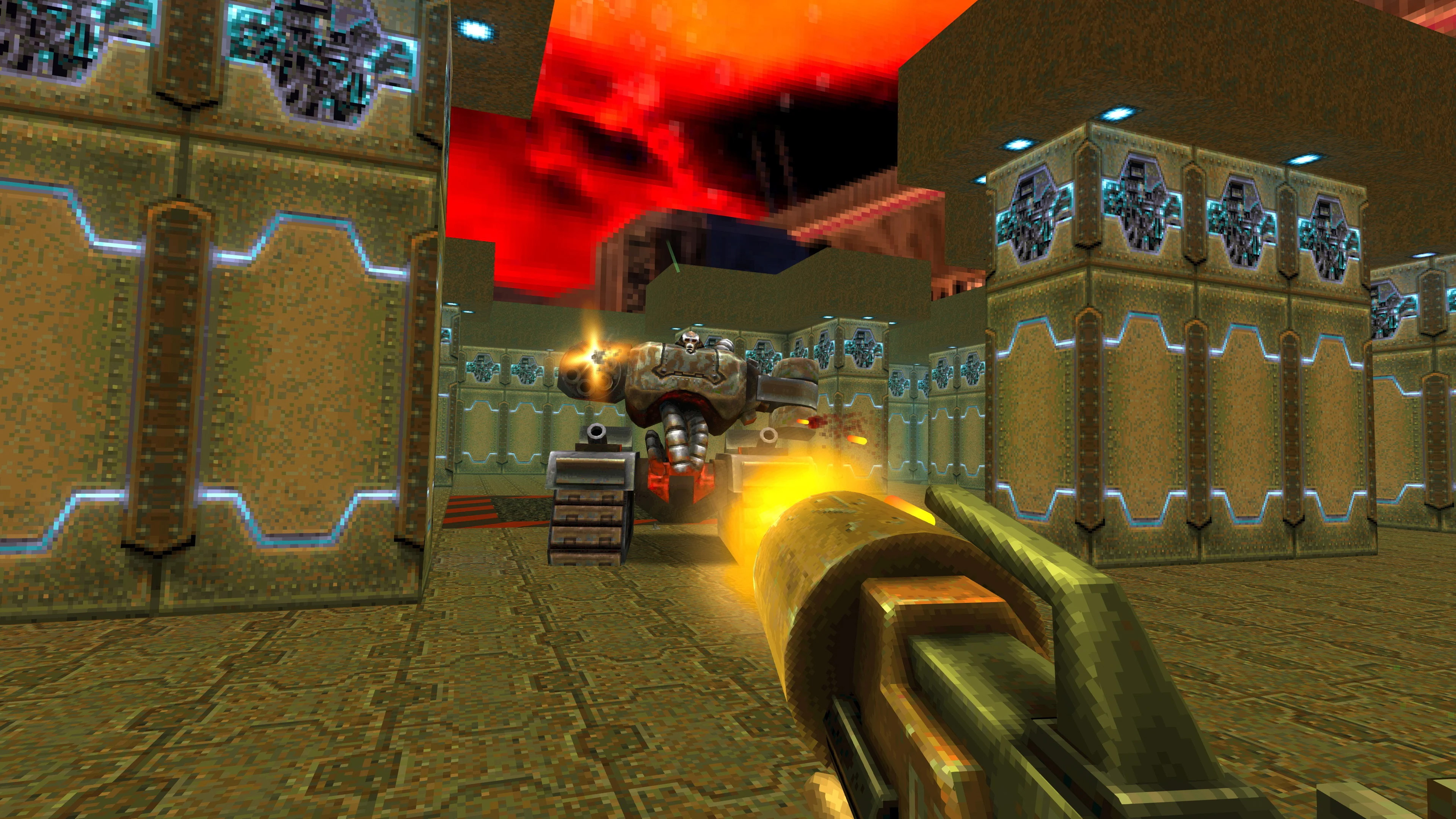 Combat against cybernetic alien enemies in an open room