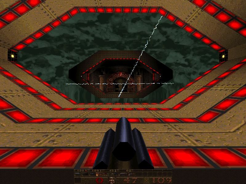 A firefight inside a stone facility in Quake Mission Pack 1: Scourge of Armagon