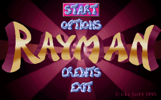 Rayman standing near obstacles and collectible items