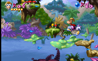Rayman navigating a forest level with floating platforms