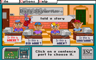 Reader Rabbit 3 newsroom interface showing sentence categorization