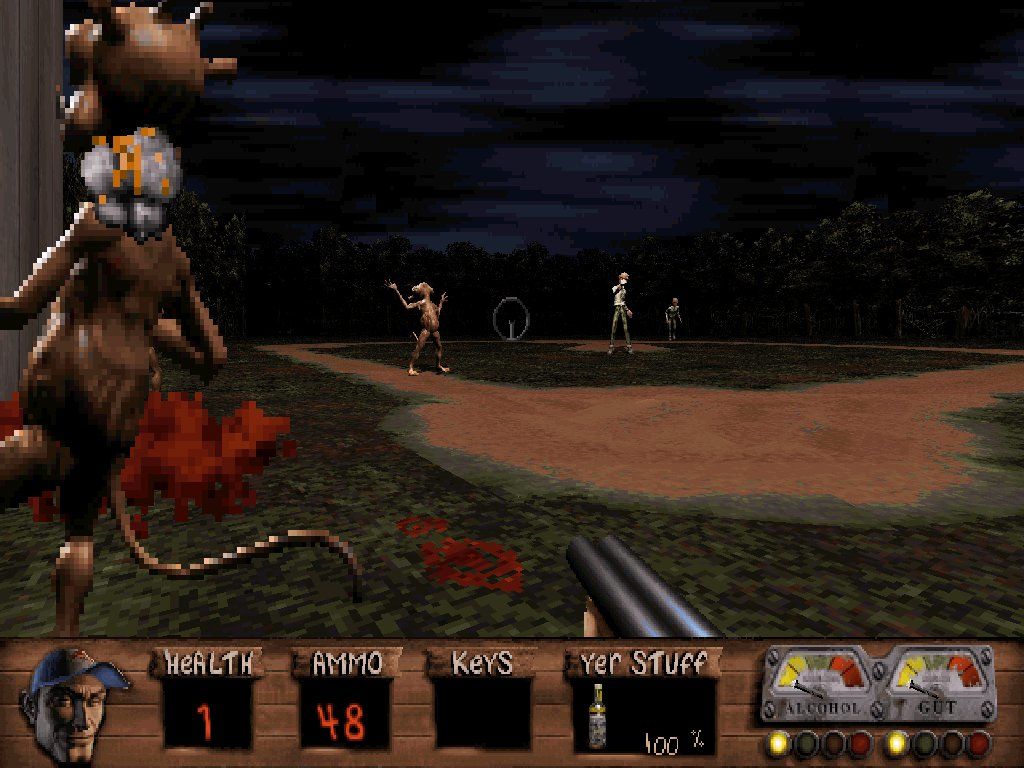 Redneck Rampage gameplay screen showing first-person HUD and environment